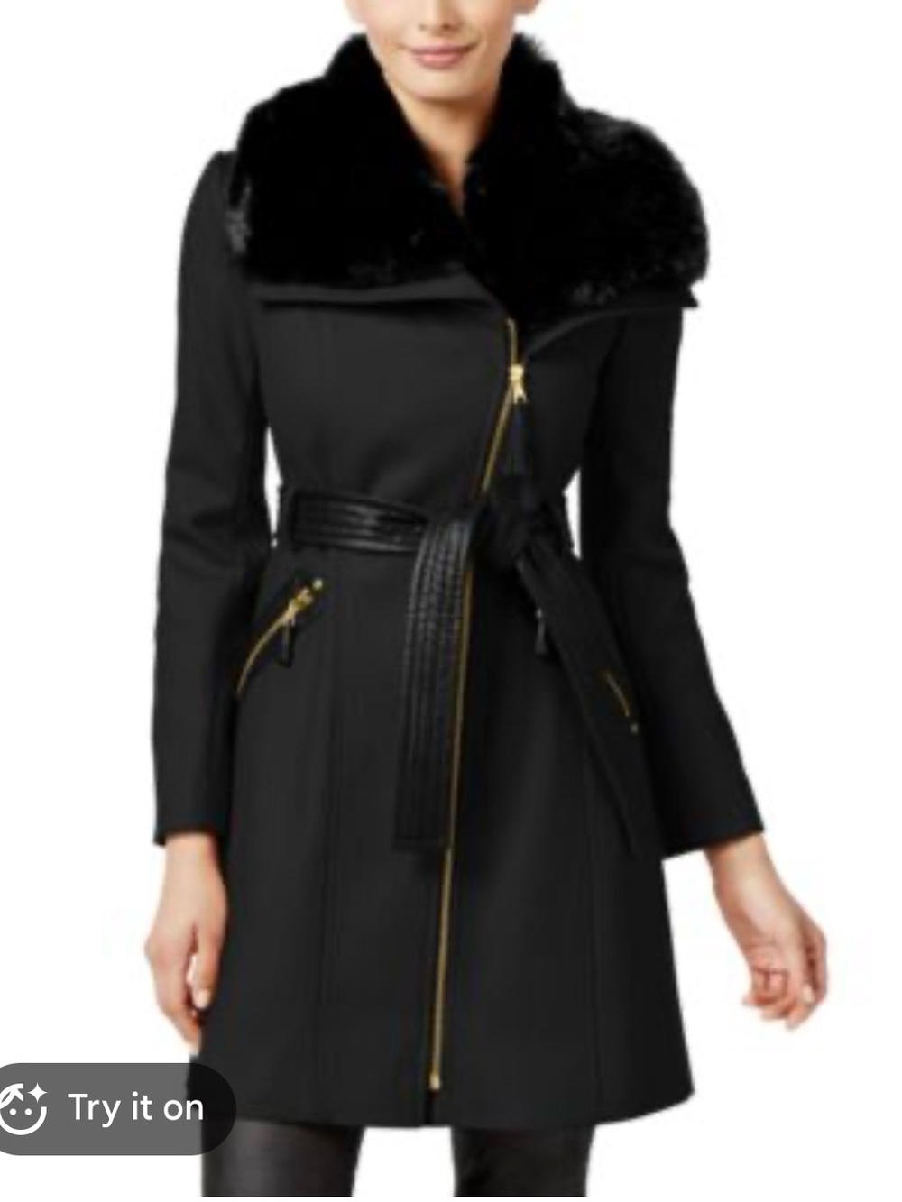Via Spiga Black Trench Coat with Faux-Fur Collar
